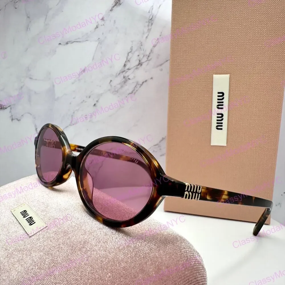 New MIU MIU Sunglasses Brown Tortoise Round Acetate Gold Metal Logo Authentic